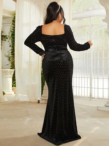 seomiscky Đầm Plus Size Thắt lưng Pha lê kim cương Dây kéo Tách cao màu trơn Hấp dẫn - màu đen - Xem 2