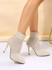 Slip On Stiletto Heeled Sock Boots - Beige - View 4