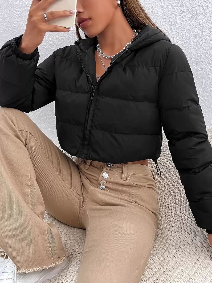 SHEIN PETITE Drawstring Hem Hooded Padded Coat - Black - View 1