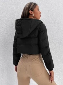 SHEIN PETITE Drawstring Hem Hooded Padded Coat - Black - View 2