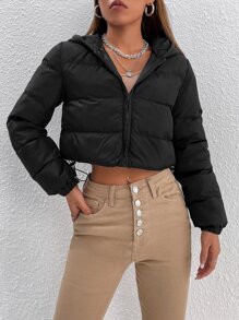 SHEIN PETITE Drawstring Hem Hooded Padded Coat - Black - View 3