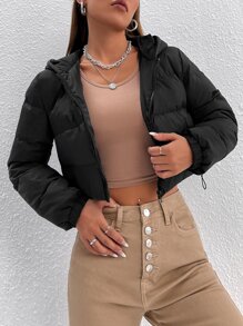 SHEIN PETITE Drawstring Hem Hooded Padded Coat - Black - View 4