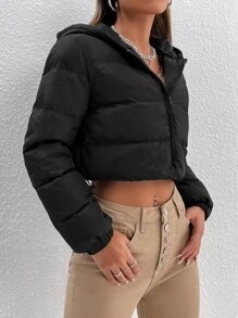 SHEIN PETITE Drawstring Hem Hooded Padded Coat - Black - View 5