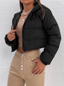 SHEIN PETITE Drawstring Hem Hooded Padded Coat - Black - View 6