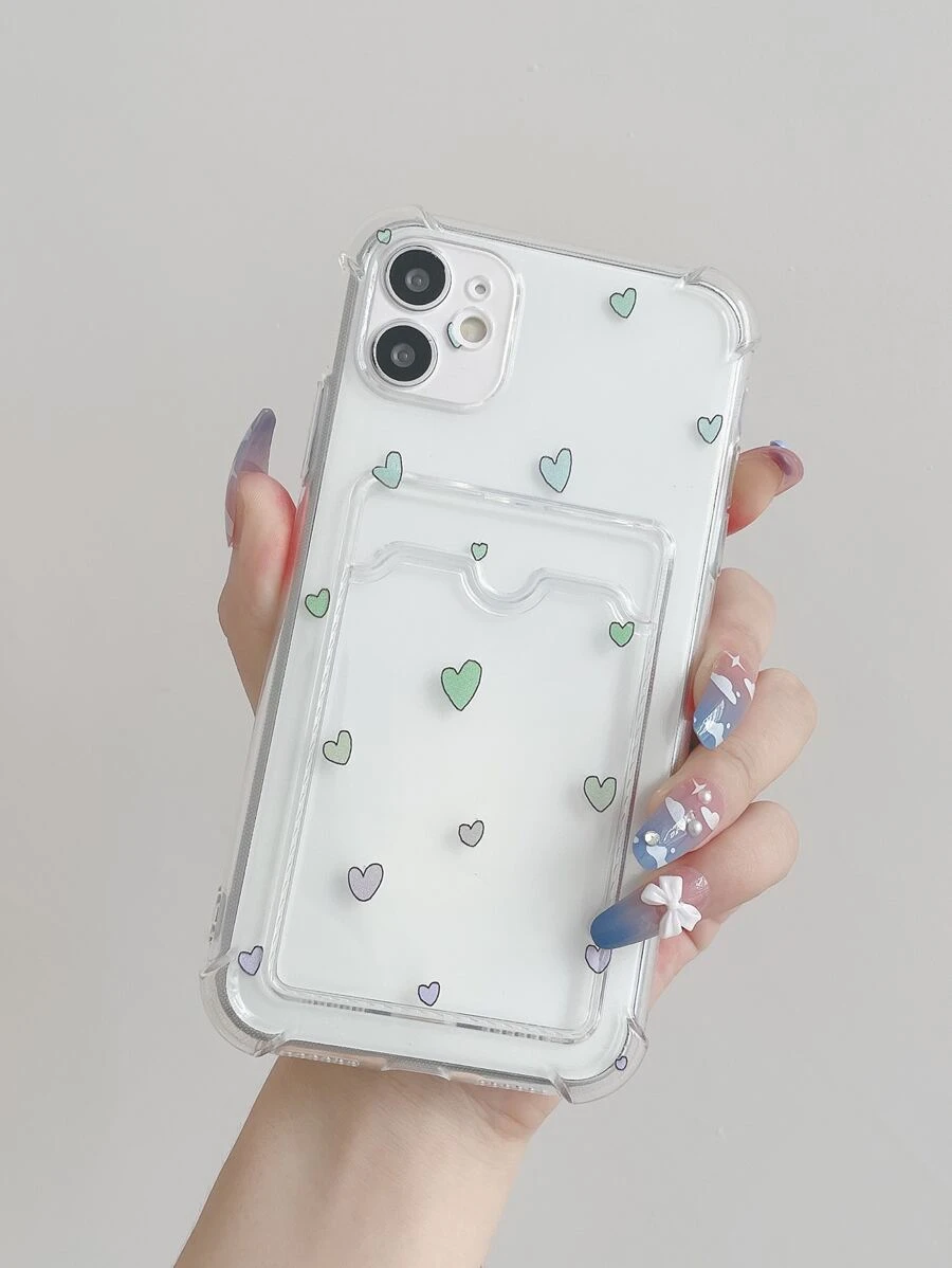 Heart Print Clear Phone Case With Card Slot,International Version, Not The Domestic Version - Clear - View 1