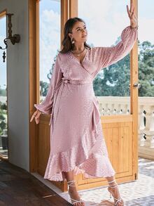 Simplee Vestido asimétrico con abertura y cordones de encaje, tejido jacquard de unicolor urbano, vestido de fiesta, vestido de vacaciones, talla grande para mujeres - Rosa Pálido - Ver 3