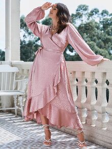 Simplee Vestido asimétrico con abertura y cordones de encaje, tejido jacquard de unicolor urbano, vestido de fiesta, vestido de vacaciones, talla grande para mujeres - Rosa Pálido - Ver 4