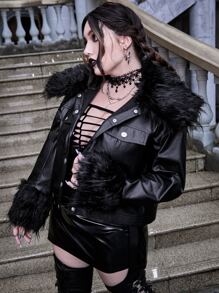 ROMWE PUNK Cazadora en contraste ribete lanudo PU - Negro - Ver 1