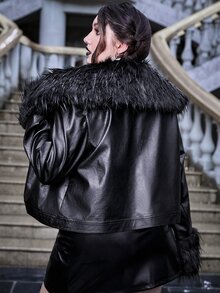 ROMWE PUNK Cazadora en contraste ribete lanudo PU - Negro - Ver 2