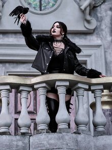 ROMWE PUNK Cazadora en contraste ribete lanudo PU - Negro - Ver 5