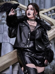 ROMWE PUNK Cazadora en contraste ribete lanudo PU - Negro - Ver 3