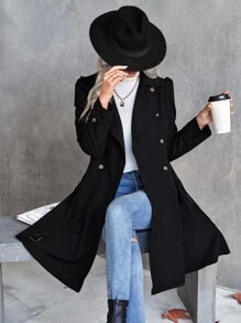 SHEIN LUNE Double Breasted Belted Trench Coat - Black - View 1