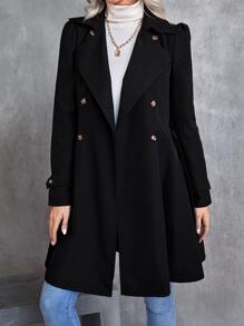 SHEIN LUNE Double Breasted Belted Trench Coat - Black - View 3