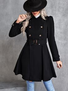 SHEIN LUNE Double Breasted Belted Trench Coat - Black - View 4