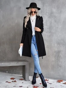 SHEIN LUNE Double Breasted Belted Trench Coat - Black - View 5