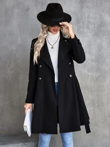 SHEIN LUNE Double Breasted Belted Trench Coat - Black - View 6