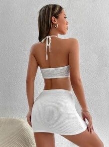 SHEIN PETITE Tie Backless Halter Top & Bodycon Skirt - White - View 2