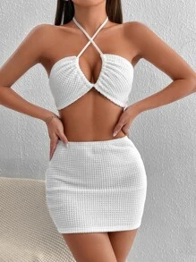 SHEIN PETITE Tie Backless Halter Top & Bodycon Skirt - White - View 4