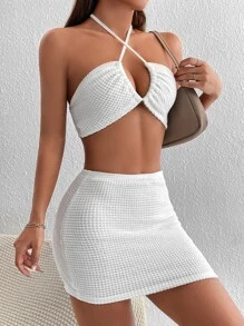 SHEIN PETITE Tie Backless Halter Top & Bodycon Skirt - White - View 6