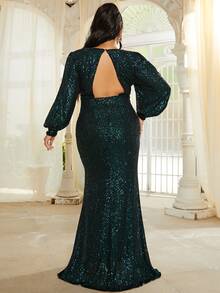 seomiscky Plus Lantern Sleeve Split Thigh Sequins Dress - Dark Green - View 2