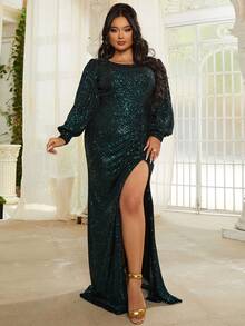 seomiscky Plus Lantern Sleeve Split Thigh Sequins Dress - Dark Green - View 3