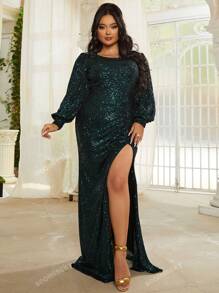 Plus Lantern Sleeve Split Thigh Sequins Dress
