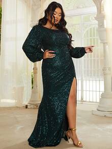 seomiscky Plus Lantern Sleeve Split Thigh Sequins Dress - Dark Green - View 6