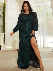 Plus Lantern Sleeve Split Thigh Sequins Dress