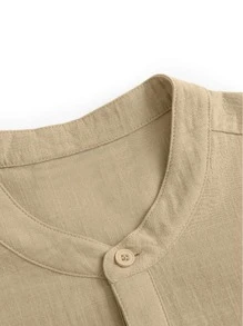 Men Patched Pocket Button Half Placket Top - Khaki - View 3