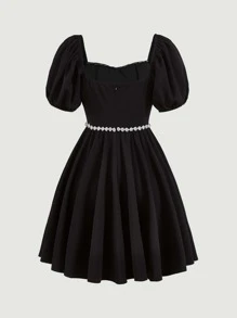 SHEIN MOD فستان اكمام منتفخة مقلم دانتيل