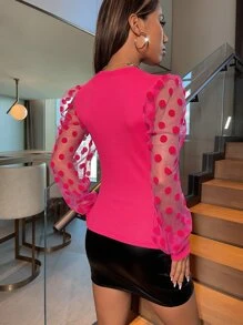 SHEIN Privé Polka Dot Mesh Sleeve Top - Hot Pink - View 3
