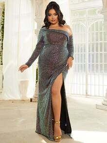 seomiscky 大碼不對稱領高衩亮片舞會連衣裙 - 彩色 - 查看 6