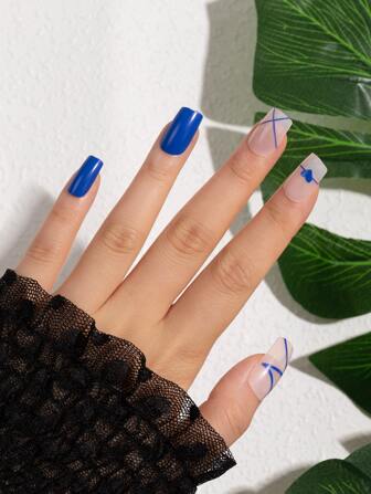 Ponte glamorosa con 24 uñas postizas cuadradas largas con línea sólida azul y estampado de corazón, 1 lima de uñas y 1 hoja de cinta para uñas de aplicación, suministros para uñas