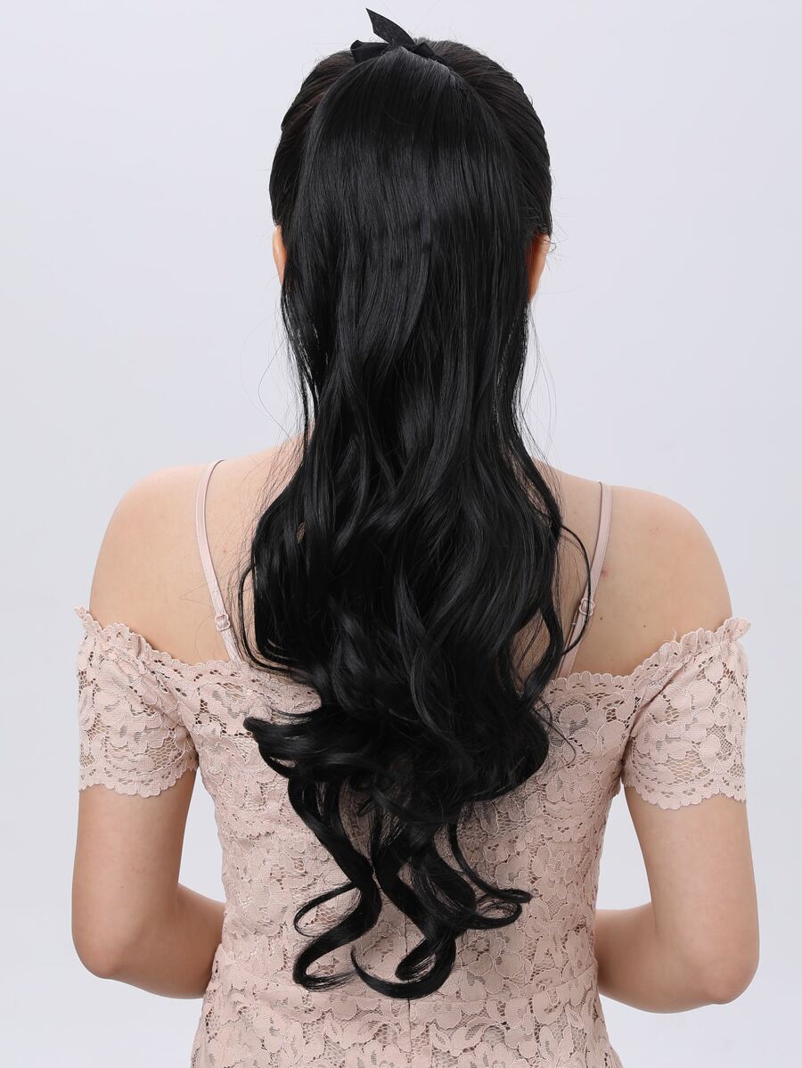 Tóc đuôi ngựa dài 20 inch màu đen nâu gợn sóng kẹp quanh tóc bằng sợi tổng hợp cho phụ nữ (1 chiếc, màu đen nâu)