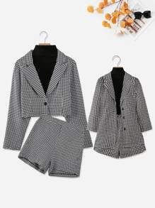 SHEIN 女孩1入組千鳥格印花外套和1入組短褲無毛衣 - 黑與白 - 查看 3