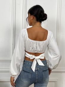 Pariaura Ruched Knot Back Crop Milkmaid Blouse,Long Sleeve Tops Fall Cloth For Women - White - View 2