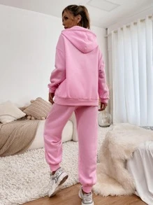 SHEIN EZwear Solid Drawstring Pocket Detail Sweatshirt & Joggers Set - Baby Pink - View 2
