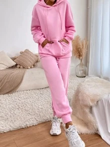 SHEIN EZwear Solid Drawstring Pocket Detail Sweatshirt & Joggers Set - Baby Pink - View 3