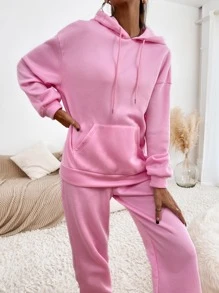 SHEIN EZwear Solid Drawstring Pocket Detail Sweatshirt & Joggers Set - Baby Pink - View 6