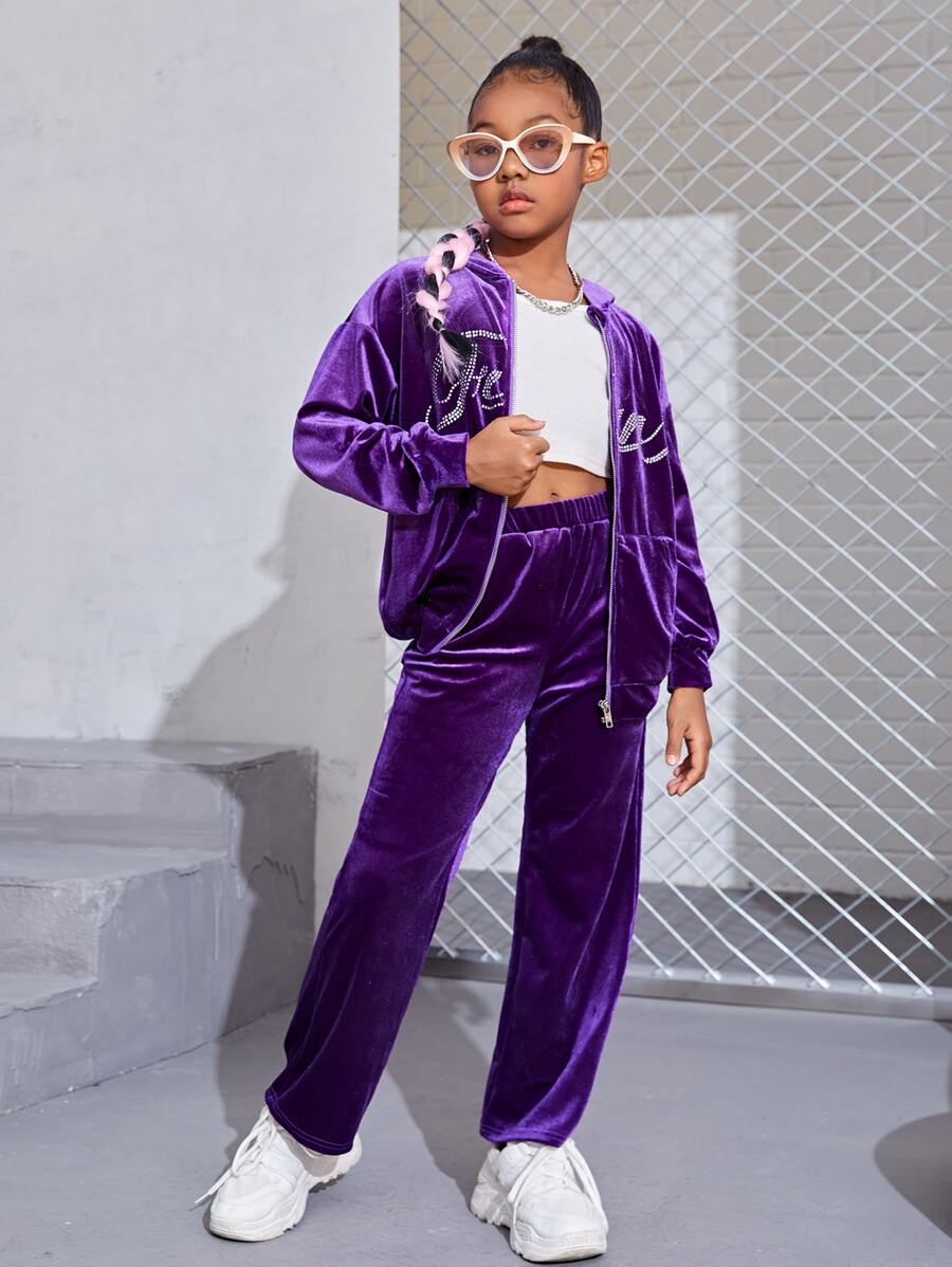 SHEIN Girls Drop Shoulder Velvet Jacket & Trousers - Purple - View 1