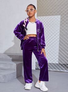 SHEIN Girls Drop Shoulder Velvet Jacket & Trousers - Purple - View 3