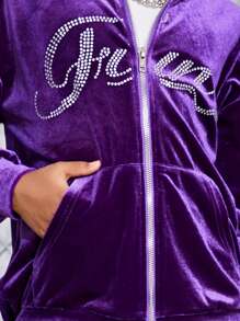 SHEIN Girls Drop Shoulder Velvet Jacket & Trousers - Purple - View 4