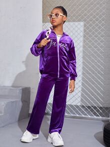 SHEIN Girls Drop Shoulder Velvet Jacket & Trousers - Purple - View 6