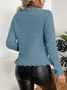 SHEIN Essnce Frill Trim Ribbed Knit Cardigan - Dusty Blue - View 2