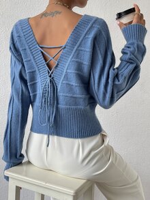 Dolman Sleeve Lace Up Back Jumper - Dusty Blue - View 2