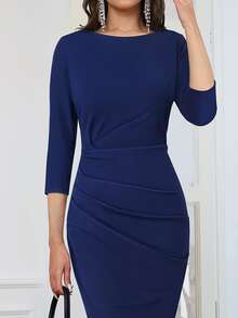 Ruched Side Zip Back Bodycon Dress - Navy Blue - View 4