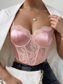 SHEIN Privé Top de tirantes bustier panel con encaje - Rosa vieja - Ver 4