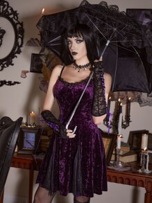 ROMWE PUNK Đầm Tương phản ren màu trơn Hấp dẫn - Màu tím - Xem 3