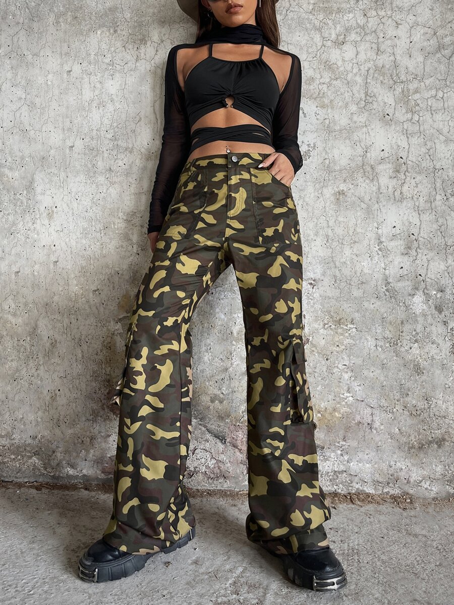 SHEIN ICON Camo Print Flap Pocket Cargo Trousers - Army Green - View 1