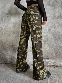 SHEIN ICON Camo Print Flap Pocket Cargo Trousers - Army Green - View 2